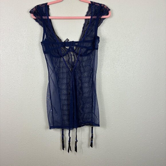 Dreamgirl Lace & Mesh Garter Slip Plunging Neckline Nocturnal Blue Sz Large - Picture 9 of 9